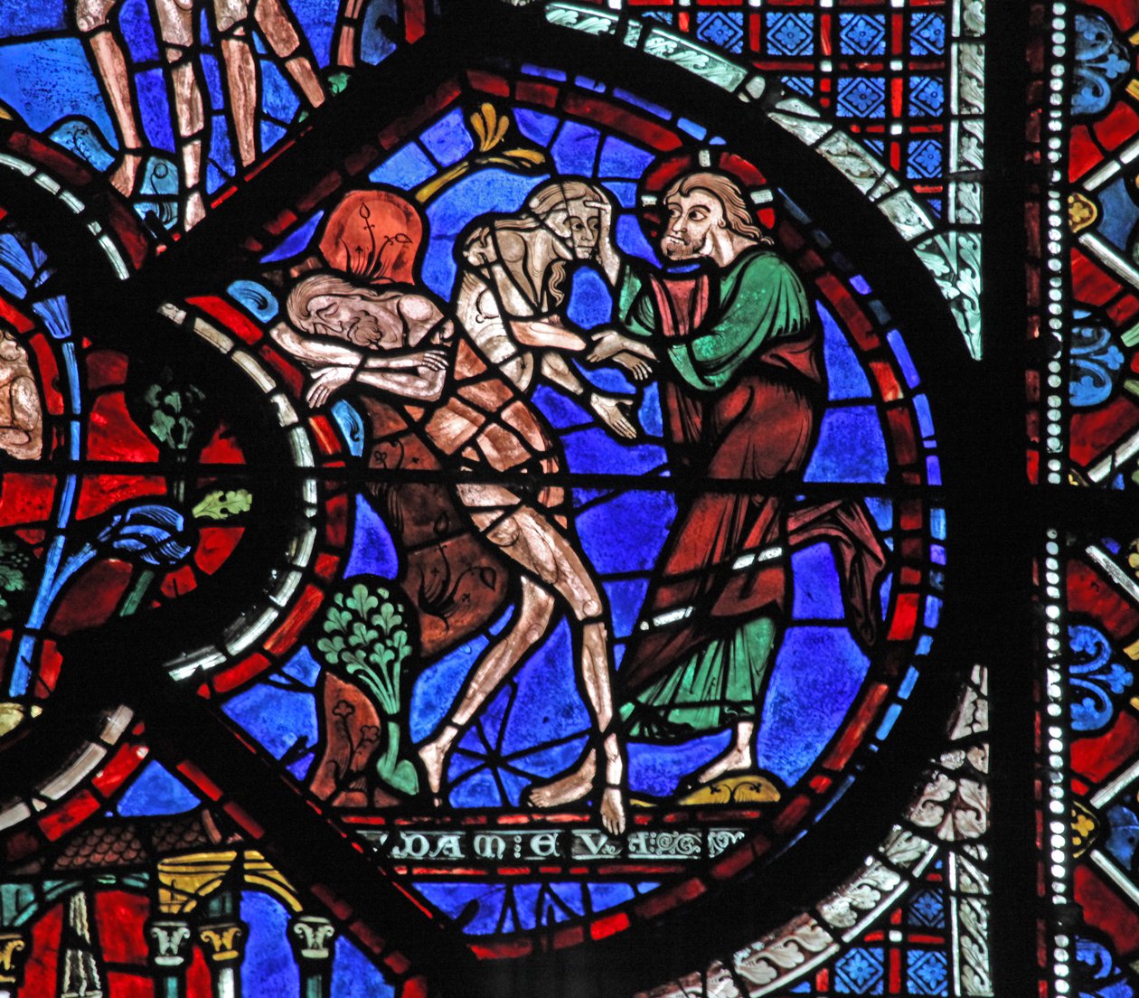 Okno milosrdného Samaritána: Bůh stvořil ženu ze žebra spícího Adama (w44) od French School
