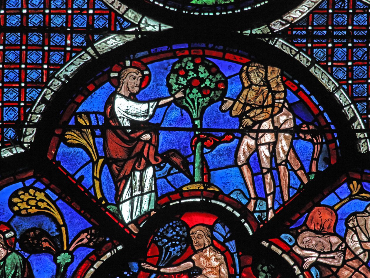 Okno dobrého Samaritána: Bůh zakazuje Adamovi a Evě jíst ovoce stromu (w44) od French School
