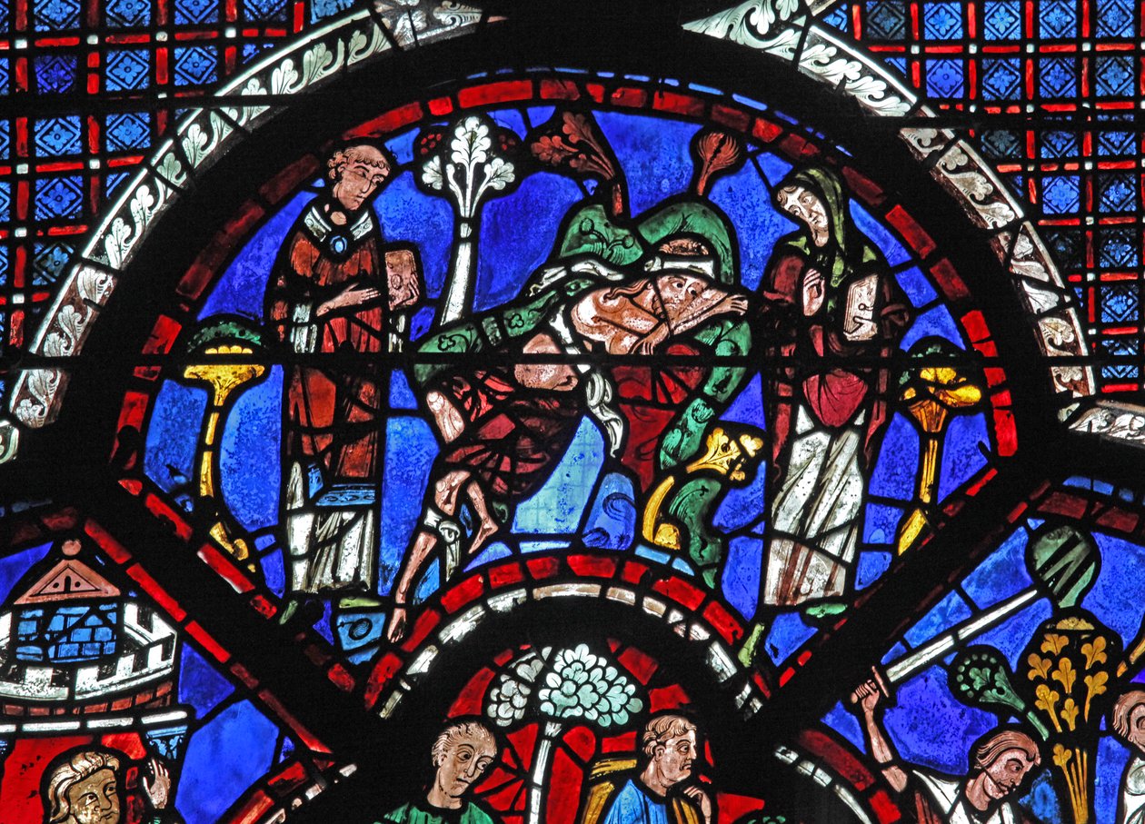 Okno milosrdného Samaritána: kolem procházejí kněz a Levi (w44) od French School