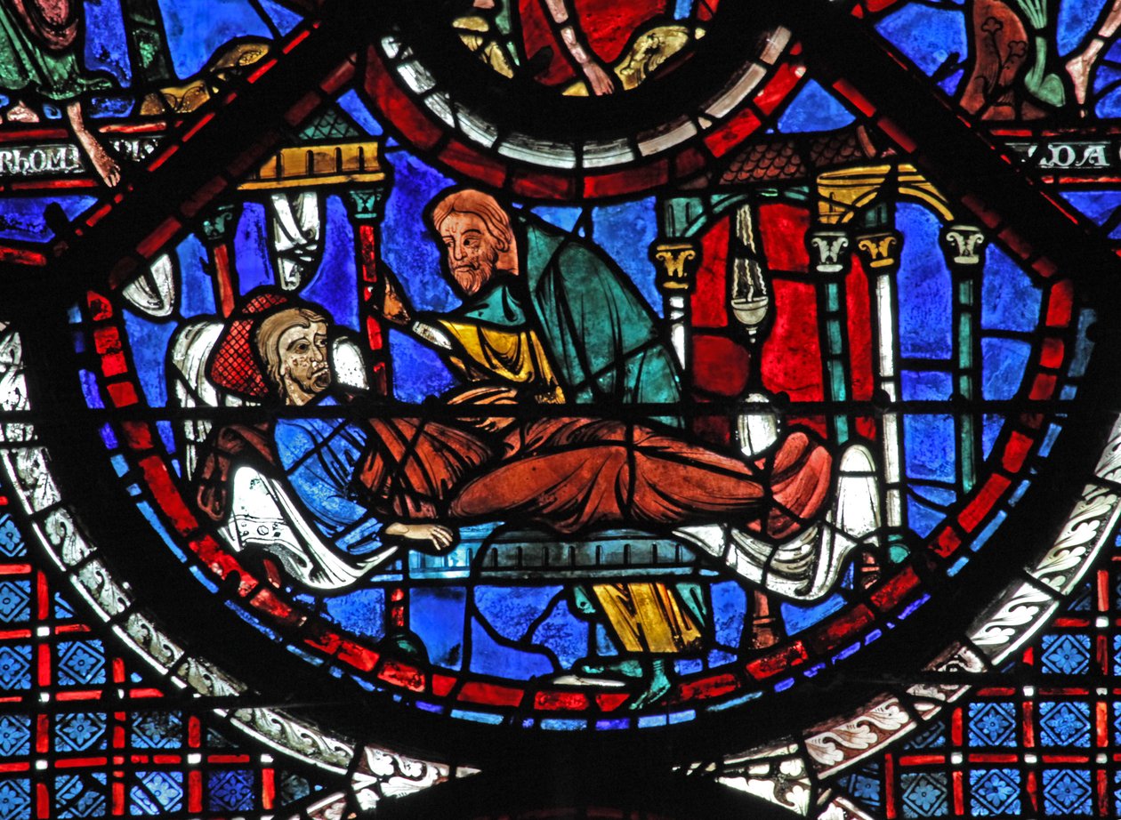 Okno dobrého Samaritána: Samaritán pečuje o zraněného muže (w44) od French School
