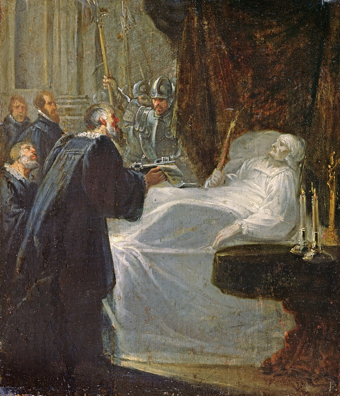 Guvernér Chateauneuf-de-Randon v Gevaudan předává klíče od města Bertrandovi du Guesclin po jeho smrti v roce 1380 od French School