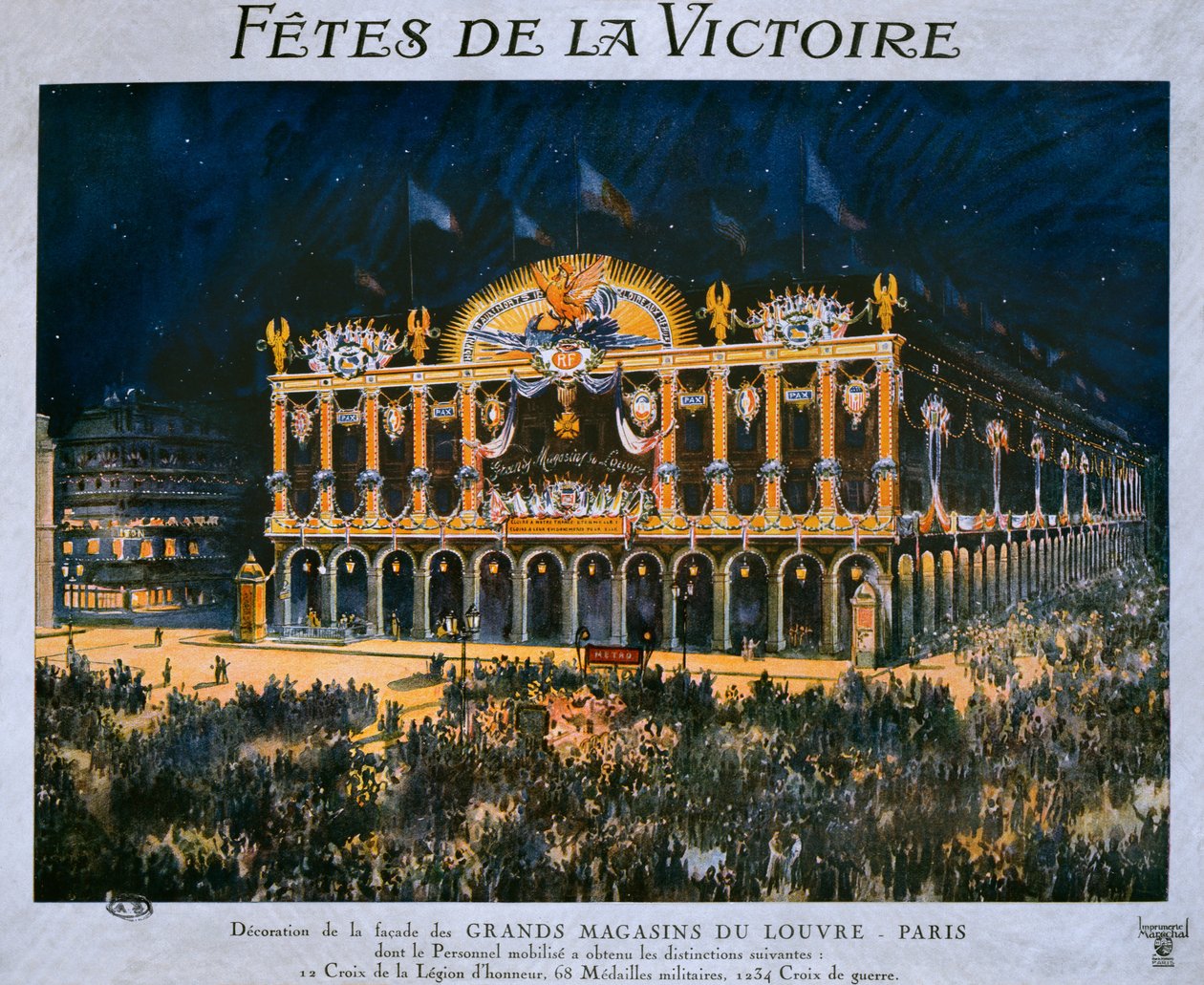 Grands Magasins du Louvre vyzdobené na oslavu vítězství v roce 1918, 14. července 1919 od French School
