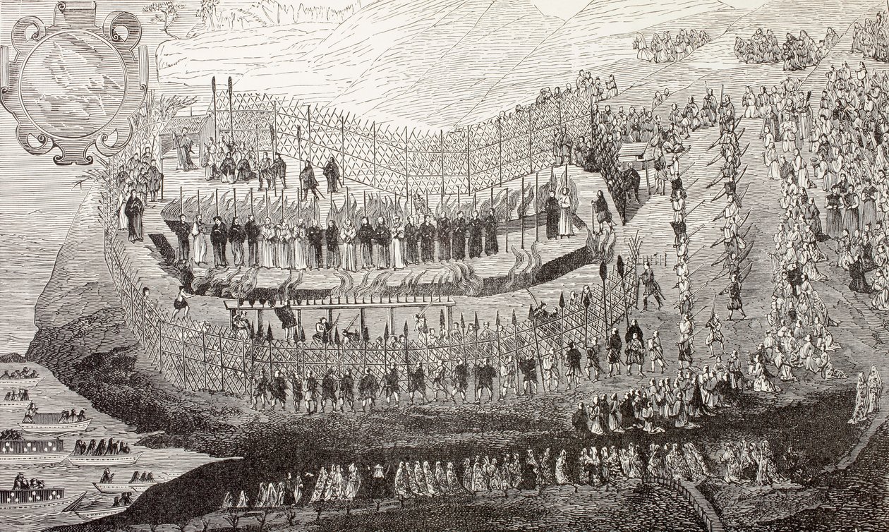 Velké mučednictví Nagasaki, 1622, z „Vojenský a náboženský život ve středověku“ od Paula Lacroixe, vydáno v Londýně kolem roku 1880 od French School