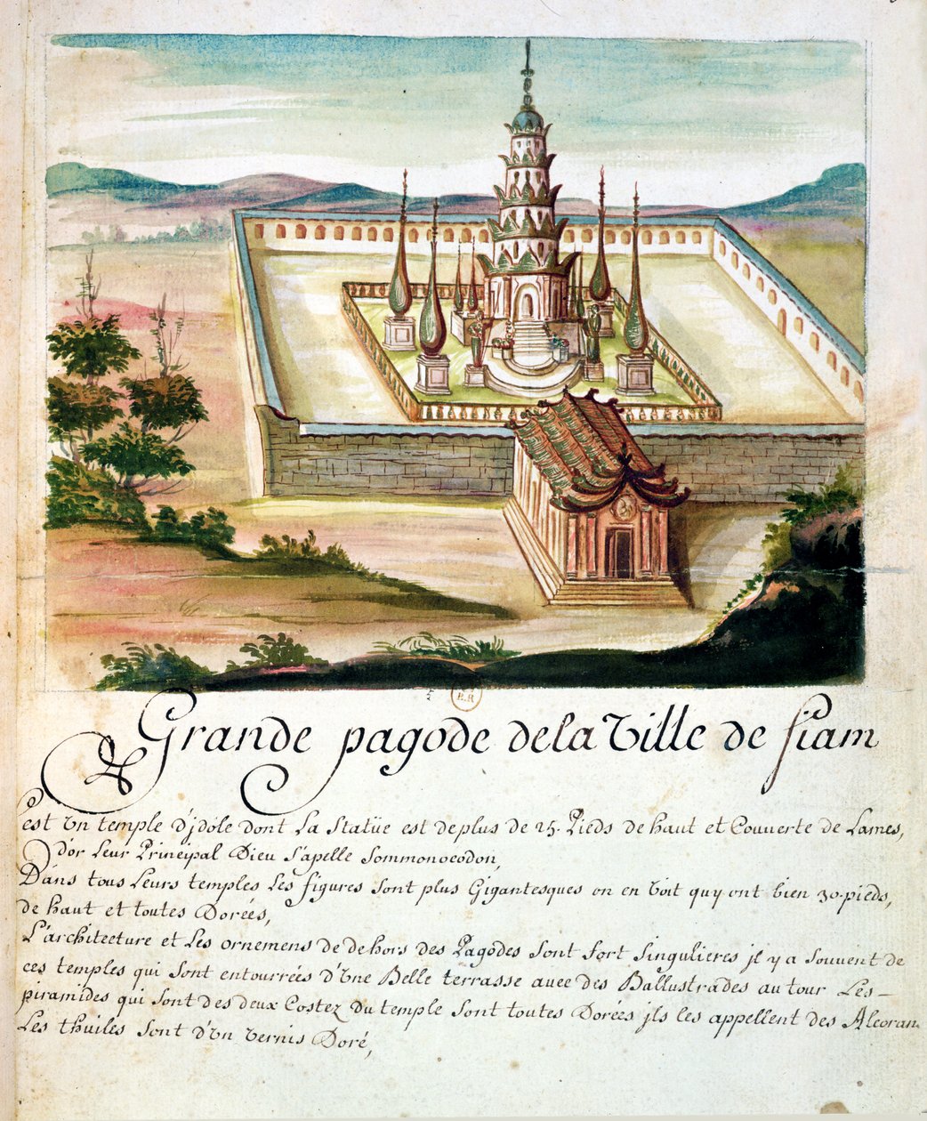 Velká pagoda v Siamu, z popisu jezuitů v Siamu, 1688 (wc na papíře) od French School