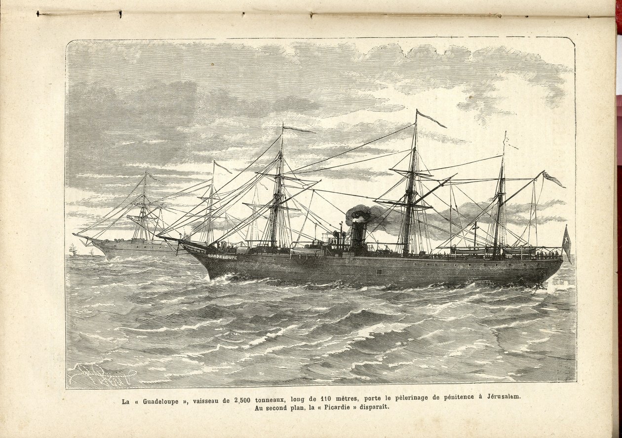 „Guadeloupe“, plavidlo o hmotnosti 2 500 tun, je 110 metrů dlouhé a nese kajícnou pouť do Jeruzaléma., Anonym, The Pilgrim od French School