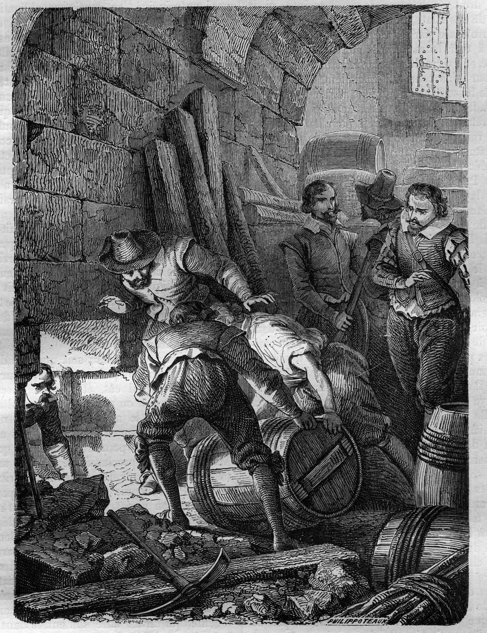 The Gunpowder Plot: Spiknutí katolíků zformované za účelem zavraždění krále Jakuba I., jeho rodiny a části aristokracie odpálením Westminsterského paláce (Londýn) při slavnostním otevření parlamentu dne 5. listopadu 1605. Rytina v „“ History of the od French School