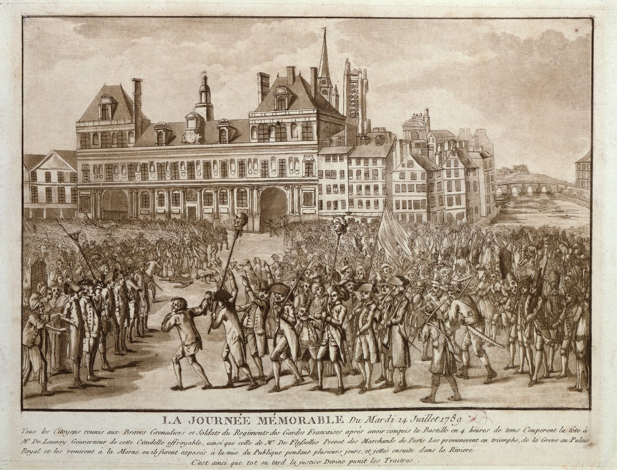 Hlavy Launay a Flesselles se promenádovaly před Hotel de Ville, 14. července 1789 od French School