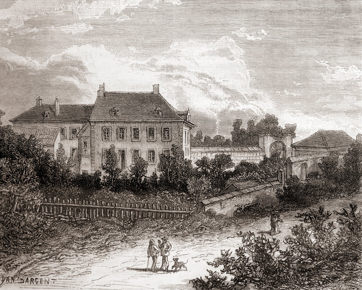 Dům v Gras u Chalon-sur-Saône ve Francii, kde francouzský vynálezce Nicéphore Niépce vyvinul heliografii, z knihy Les Merveilles de la Science, vydané kolem roku 1870 (rytina). od French School