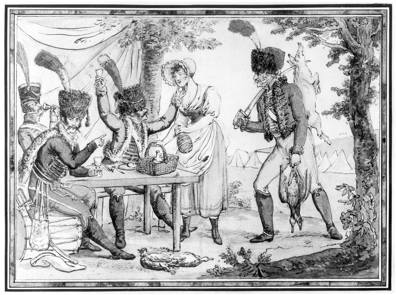 Husaři a Vivandiere, 1803 (wc na papíře) od French School
