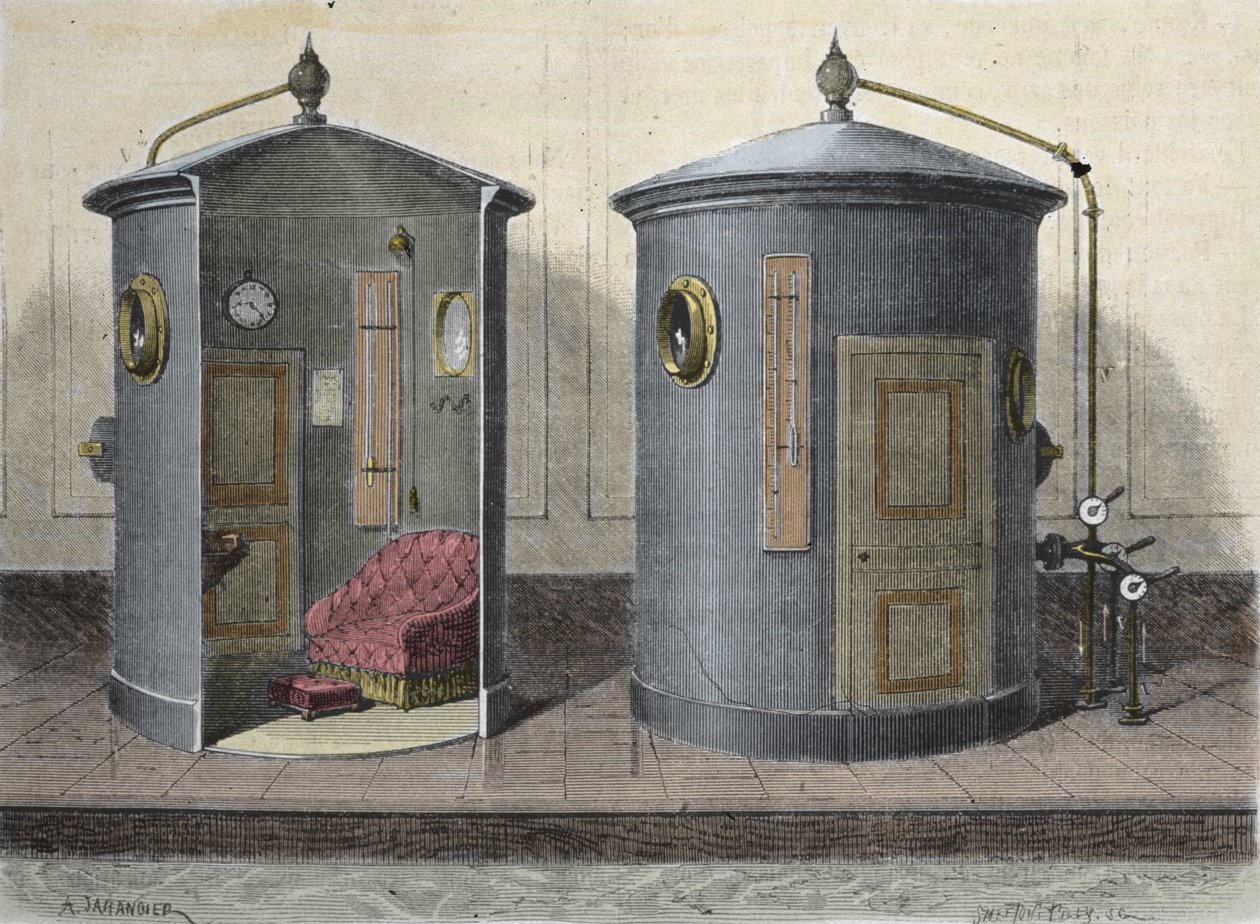 Hyperbarická komora od Paula Berta (1833-1887), fyziologa a francouzského politika. Rytina z roku 1855. od French School