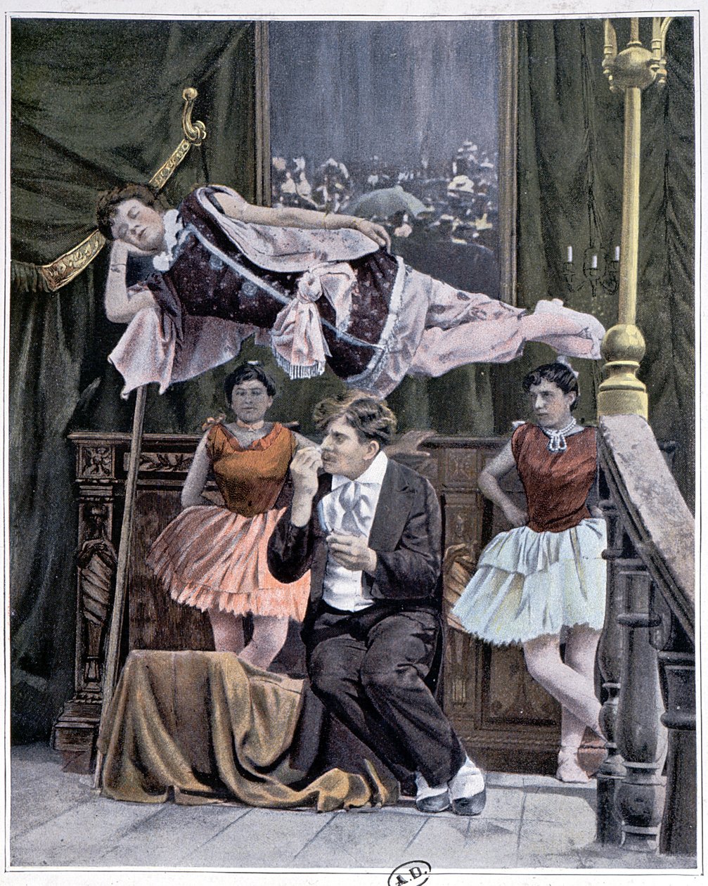Iluzionista a jeho levitační trik, konec 19. století od French School