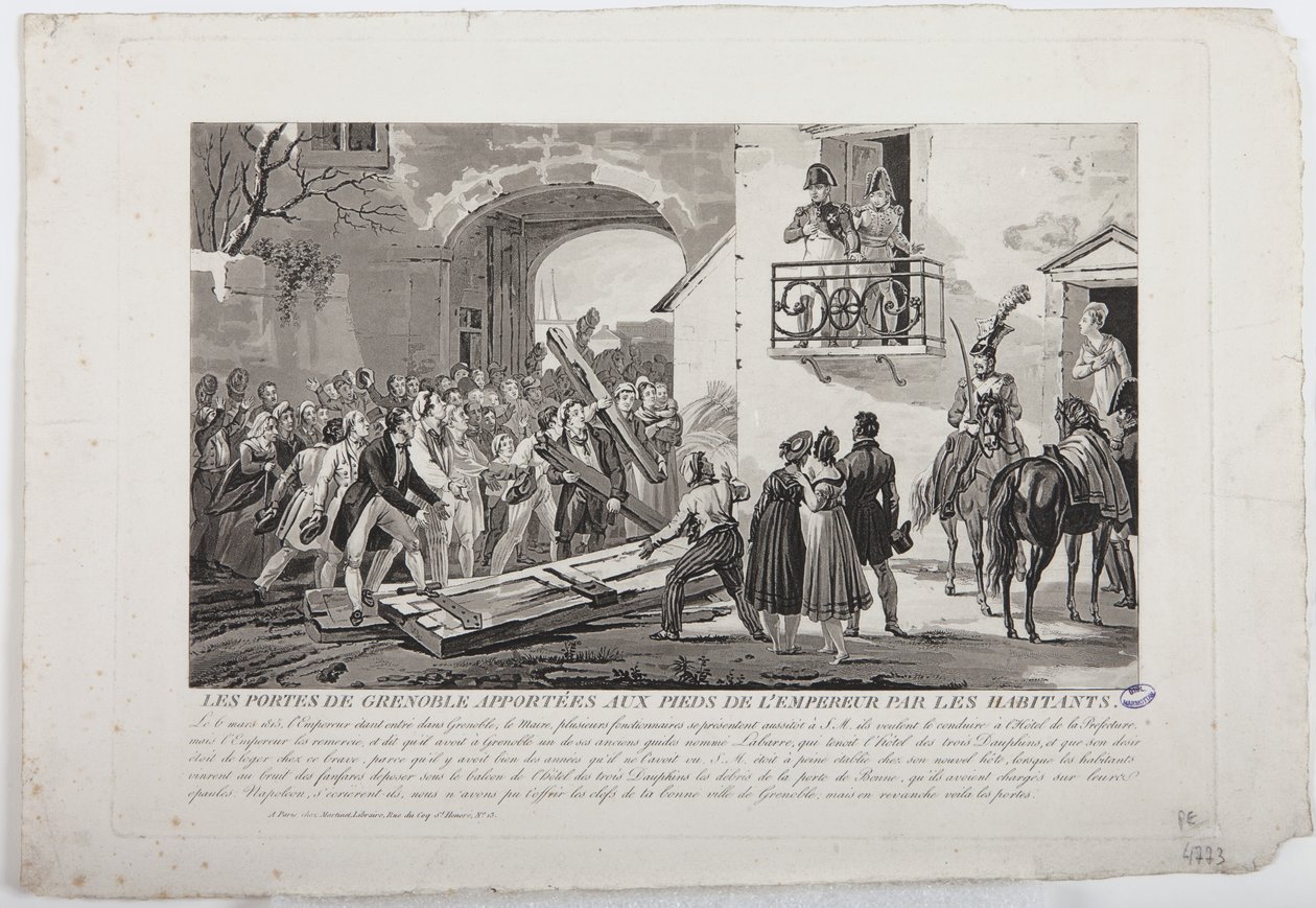 Obyvatelé ukládající brány Grenoblu u nohou císaře, 6. března 1815, vydal Martinet, 1815 od French School