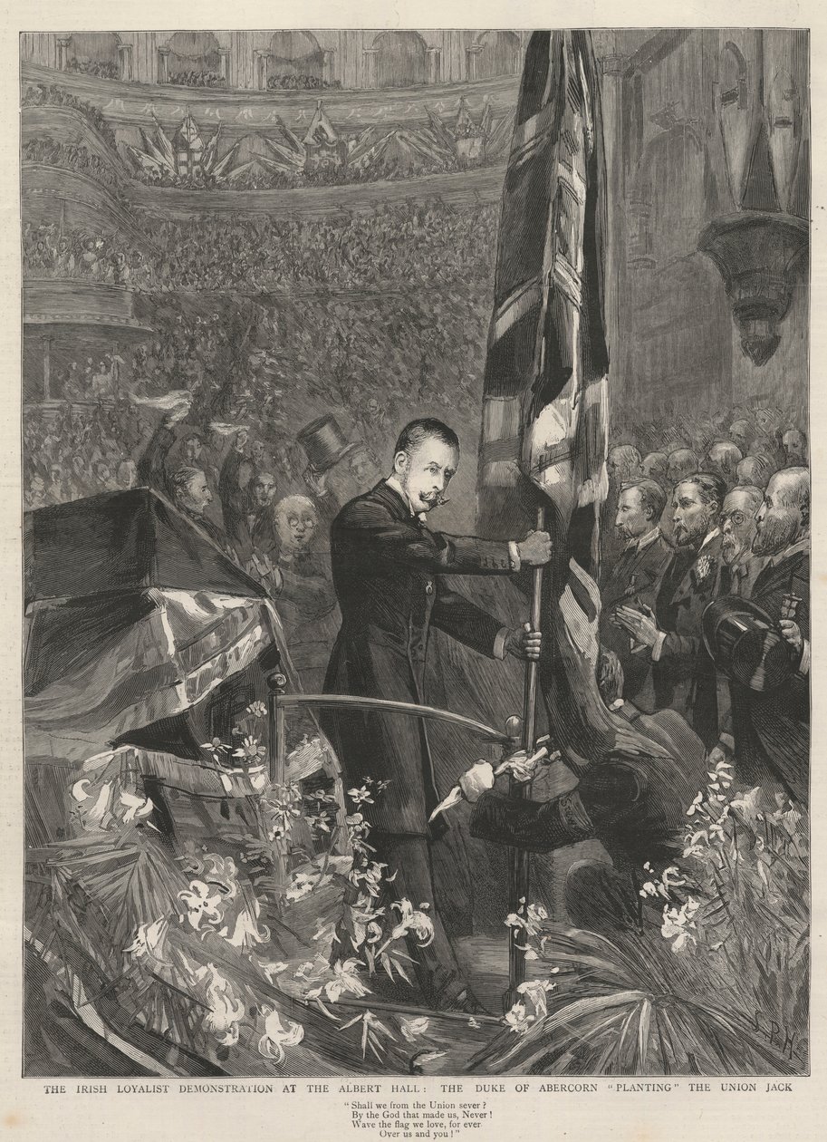 Demonstrace irských loajálních členů v Albert Hall, Londýn, 1893: vévoda z Abercornu (James Hamilton) (1811-1885) zasadil Union Jack. od French School