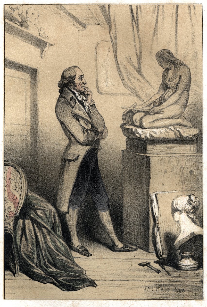 Italský sochař Antonio Canova (1757 - 1822) před kulturou „“Madleine penitente““. Deska převzata z rytiny „“Scenes de la vie des hommes slavný“““ ve dvou odstínech od Valeria. 1843. od French School
