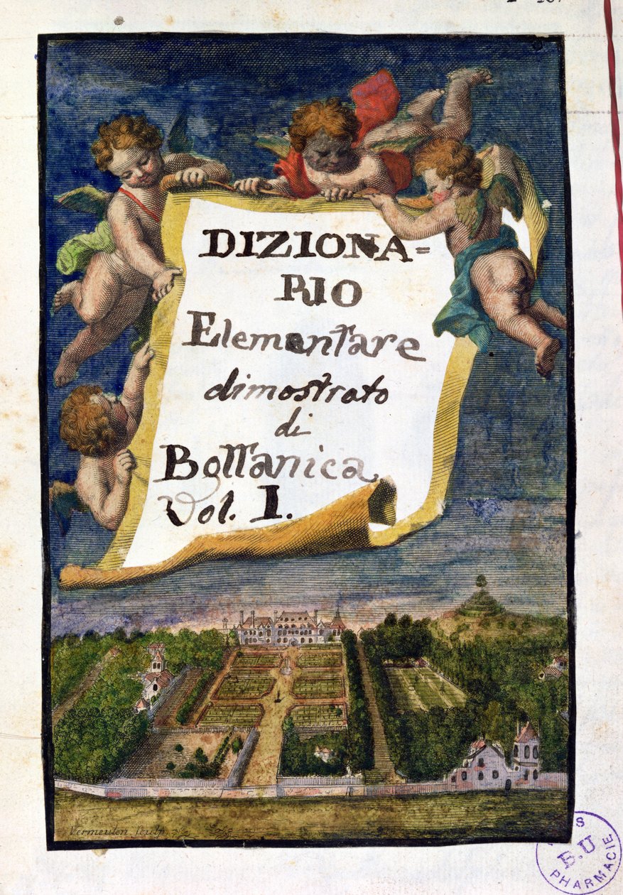 Jardin des Plantes v Paříži, frontispis z Dizionario Elementare dimostrato di Bottanica, svazek I Istitutiones Rei Herbariae, od Josepha Pittona de Tournefort (1656-1708), vydáno v Paříži, 1. od French School