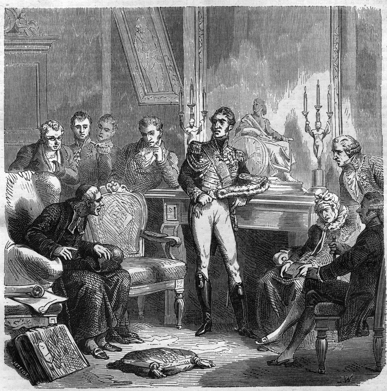 Jezuité na dvoře francouzského krále Karla X. (1757-1836). Rytina v „Historie papežů-králů-královen a císařů v průběhu staletí““ od Maurice Lachatre od French School