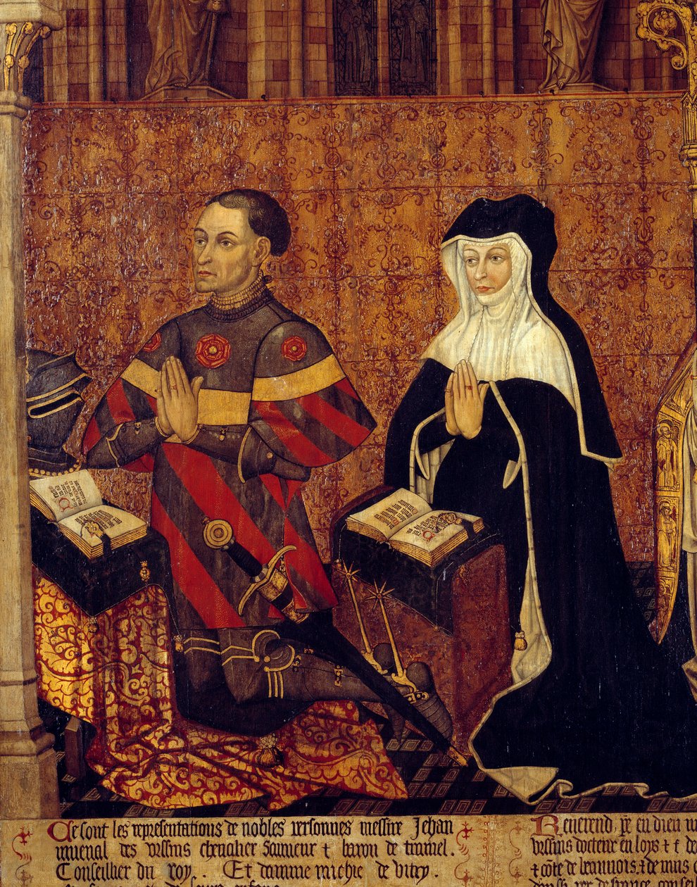 The Jouvenel Family of Ursins Detail od Jeana Juvenala des Ursins (1360-1431) a jeho manželky. Malba na dřevo francouzské školy. 1443-1449. Slunce 1,3x3,5 m Paříž, národní muzeum středověku, Thermes de Cluny od French School