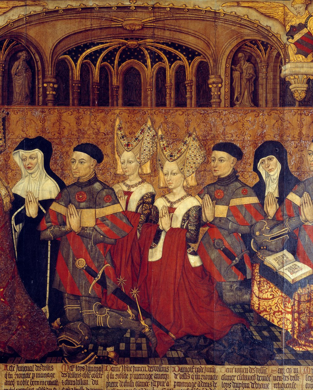 Rodina Jouvenelových Ursinů. Detail žen, dětí Jeana Juvenala a prelátů. Malba na dřevo francouzské školy. 1443-1449. Slunce 1,3x3,5 m Paříž, národní muzeum středověku, Thermes de Cluny od French School