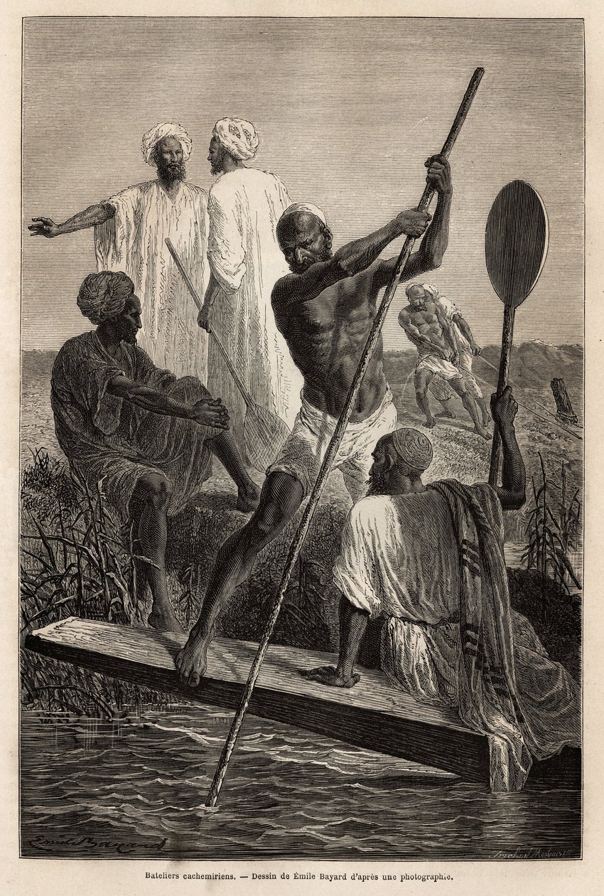 Kašmírští lodníci, v okolí Šrínagaru (Shrinagar), v plné práci - Rytina pro ilustraci příběhu Pandjabu a Kašmíru, od Guillaume Lejeana v roce 1866, publikovaná v „“Le tour du monde““ 1870-1871, editoval Edouard Charton, vydání Hachette od French School