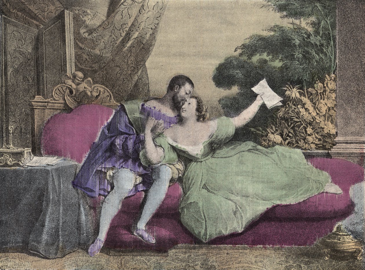 Francouzský král Francois I. (1494-1547) s Diane de Poitiers (1499-1566) Lady of Breze, vévodkyně z Valentinois. Litografie Daveria z roku 1832 v „“ Laughs Et Galanterie““. Týdenní sbírka Galantes Images na směr John Grand-Carteret. od French School