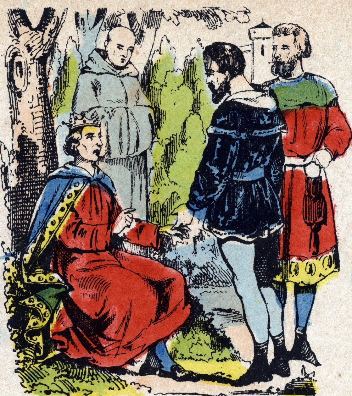 Francouzský král Ludvík IX. dit Saint-Louis“ (1214-1270) činí spravedlnost pod dubem ve Vincennes - Francouzský král Saint Louis (1214-1270) činí spravedlnost pod dubem ve Vincennes od French School