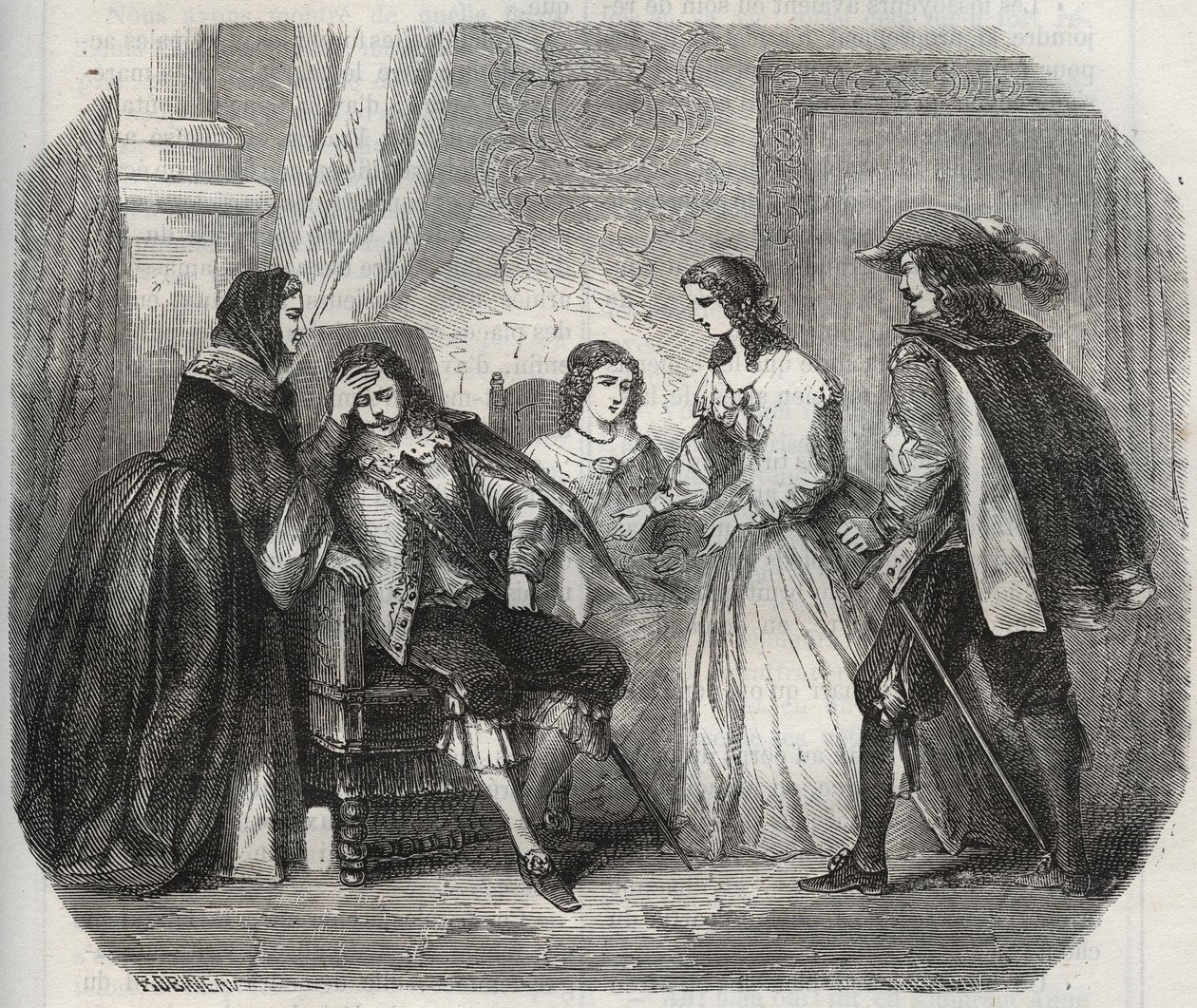 Francouzský král Ludvík XIII. (1601-1643) trpí migrénou, když mluví s královnou Annou Rakouskou (1601-1666). Rytina z roku 1871 v „Histoire Des Cocus Celebres““ od Henryho de Kocka (1819-1892). od French School