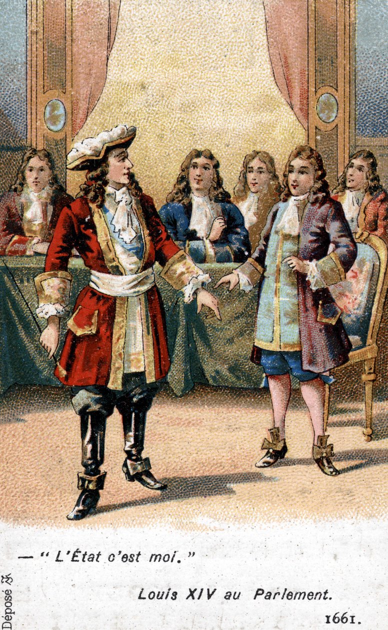 Francouzský král Ludvík XIV. prohlásil v roce 1661 parlamentu: „Stát jsem já!“ Chromolitografie 19. století. od French School
