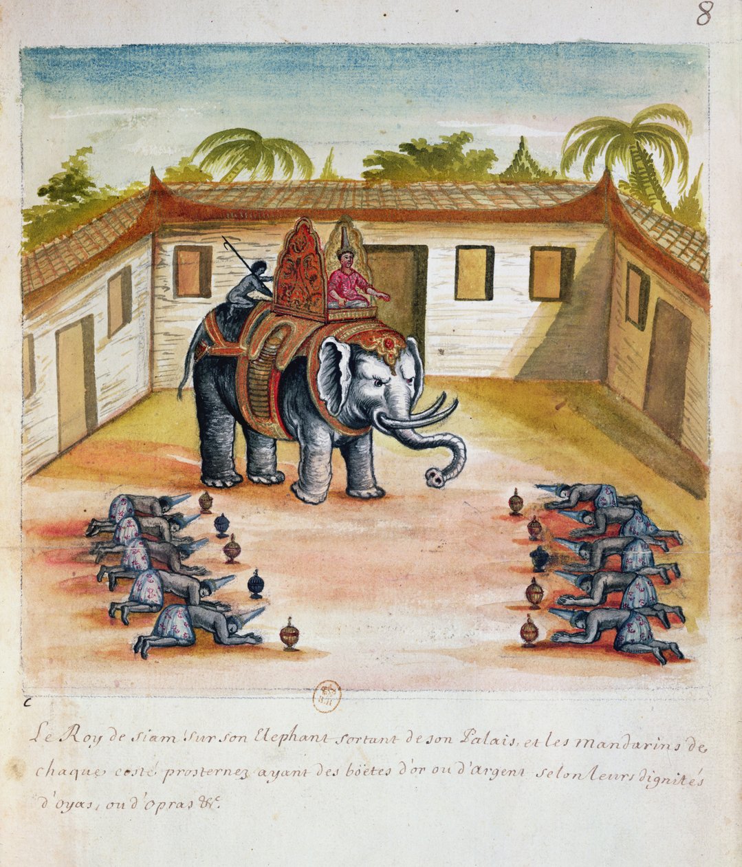 Král Siamu na svém slonovi, z popisu jezuitů v Siamu, 1688 (wc na papíře) od French School
