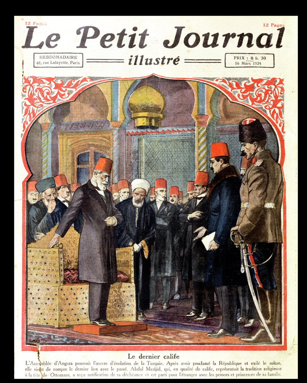 Poslední chalífa, Abdul Majid II (1868-1944) sesazený z trůnu Ankarským shromážděním, z Le Petit Journal, 1924 od French School
