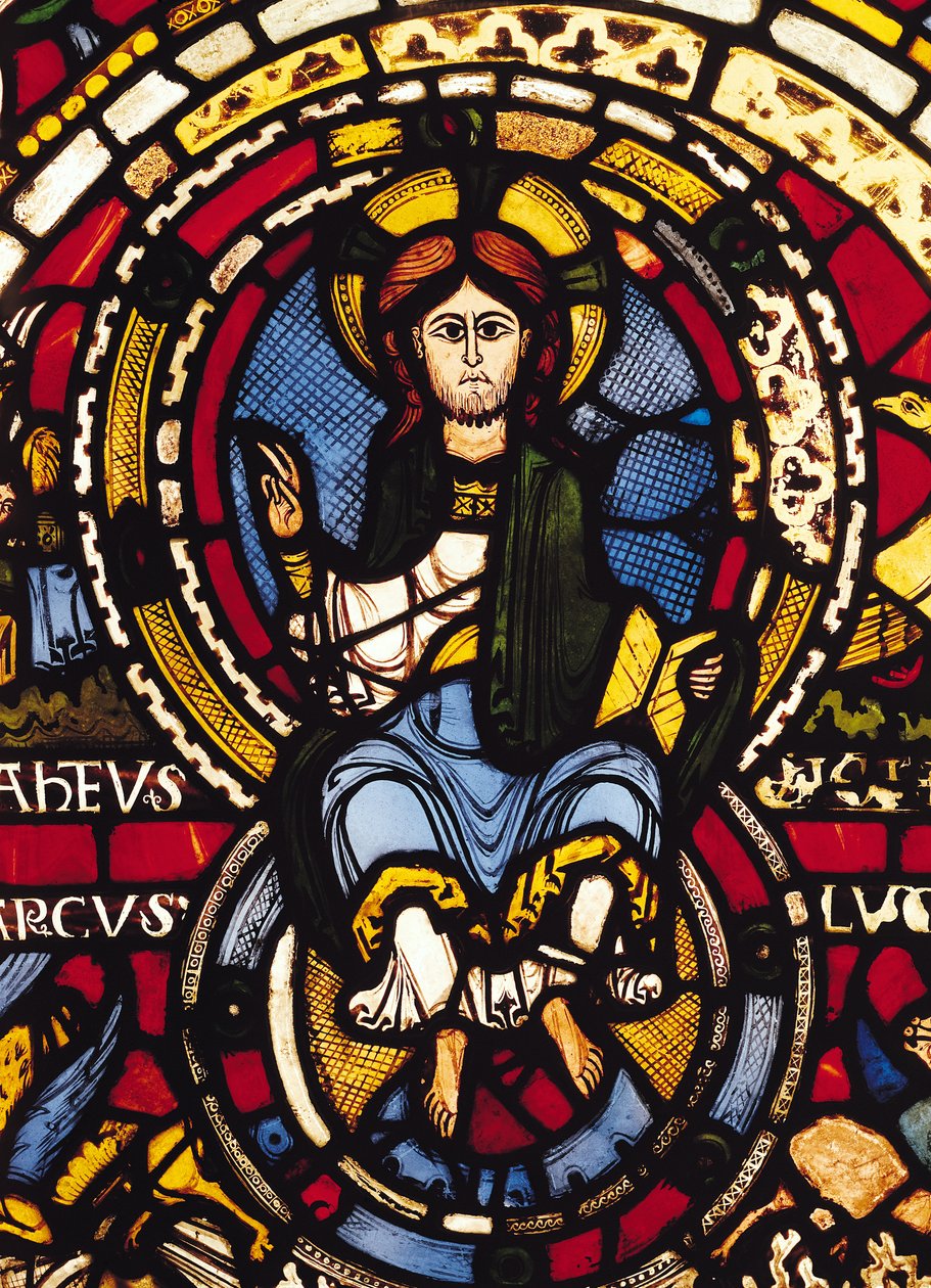 Poslední soud, detail Krista (vitráže) od French School