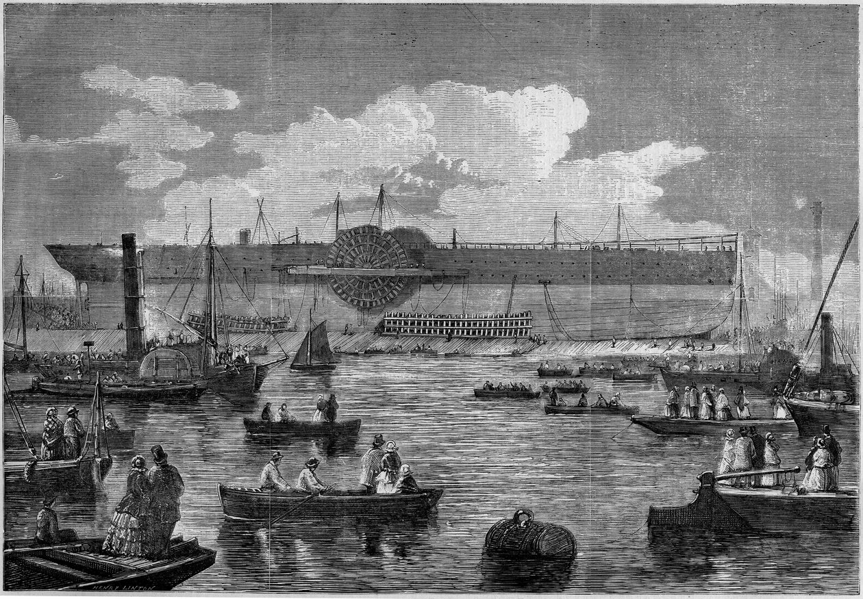 „Leviathan“ (Great Eastern), první obří parník, během jeho pokusu o start v roce 1857. Rytina v „“ Le Monde Illustré““ č. 31 ze 14. listopadu 1857. od French School