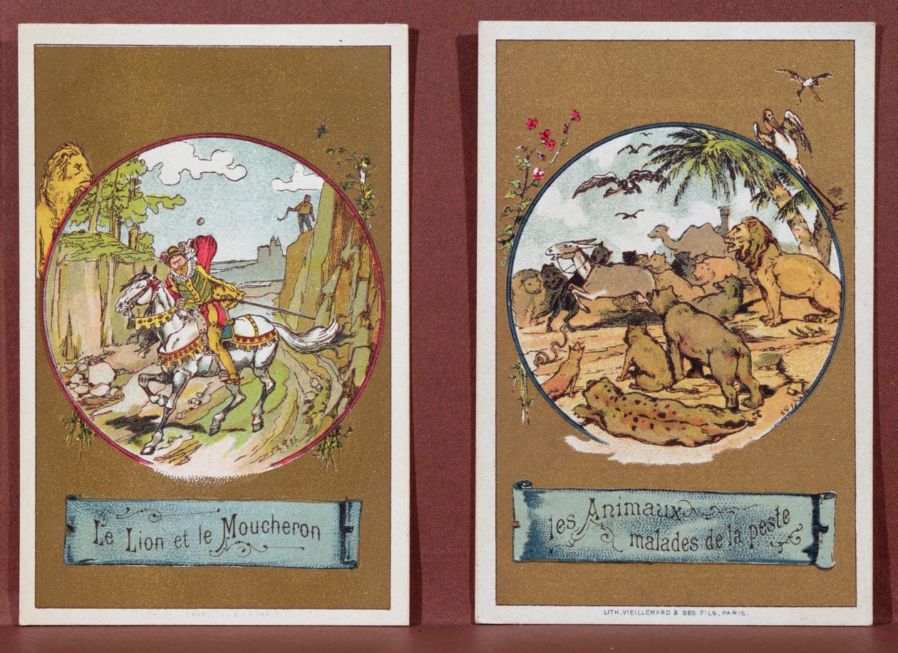 Lev a pakomár a zvířata nemocná morem, z „Fables de La Fontaine“ (barevná rytina) od French School
