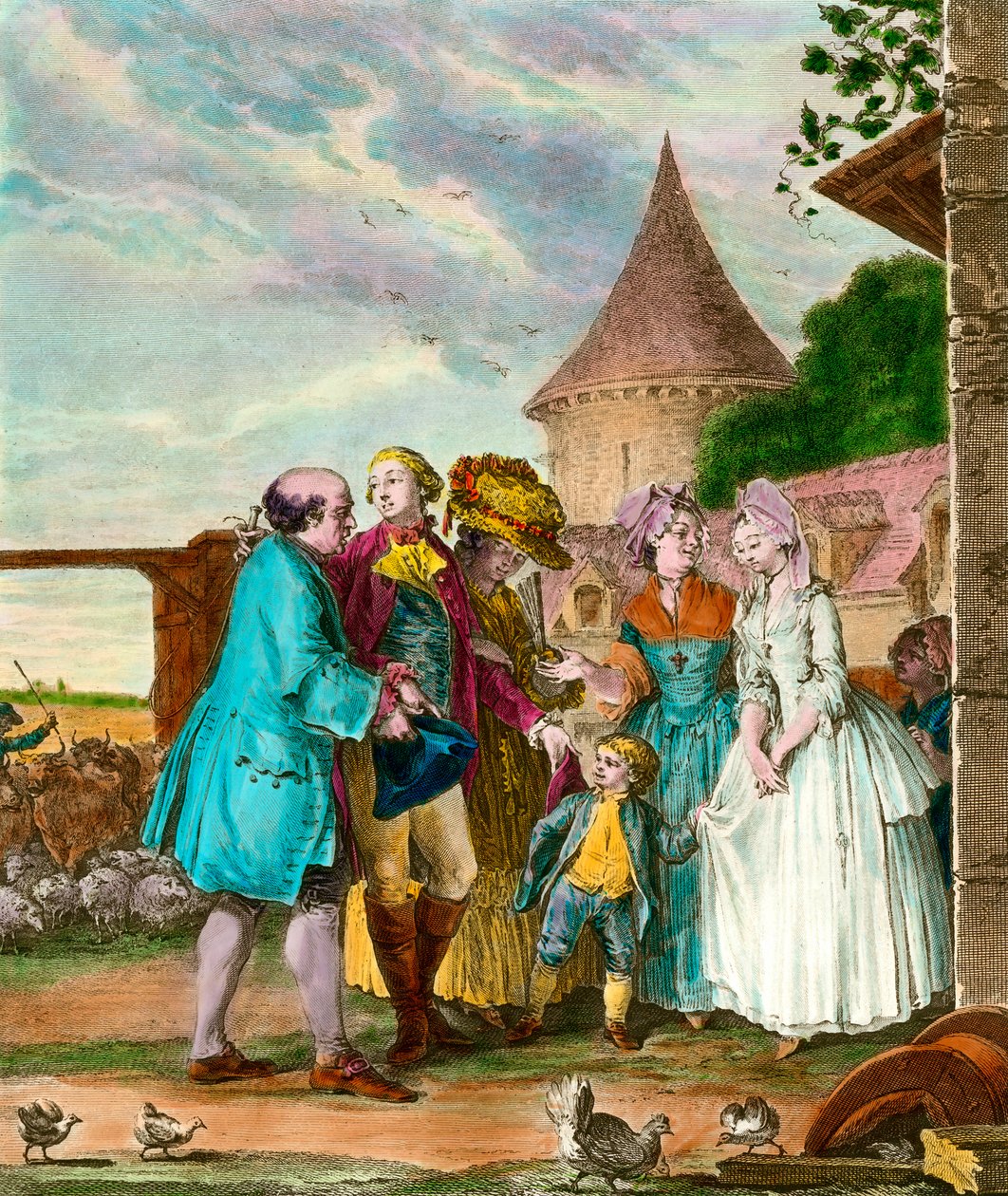 Pán a jeho farmář. 18. století rytina. Soukromá sbírka. od French School