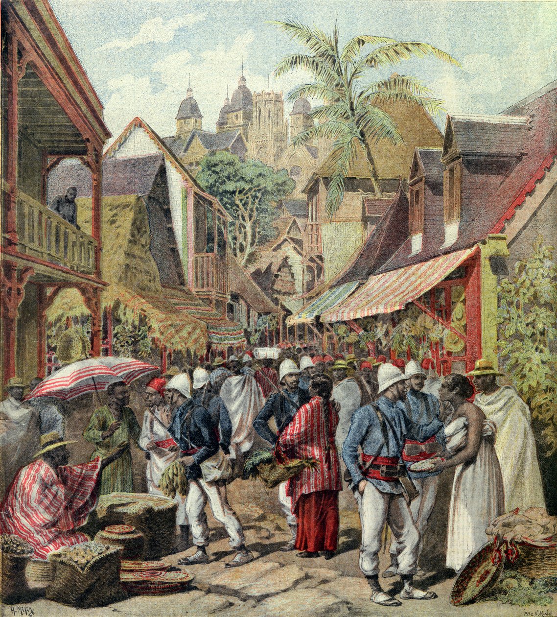 Madagaskarská expedice, francouzští vojáci na ulici v Tananarive, z Le Petit Journal, 27. října 1895 od French School
