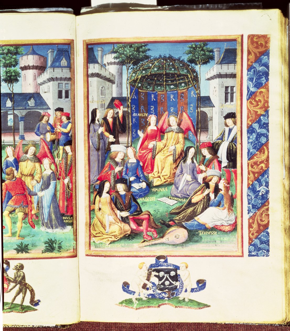 Kouzelná zahrada s alegorickými postavami Bohatství, Zdvořilosti, Liberality, Krásy, Lásky, Upřímnosti a Mládí z románu Roman de la Rose (kvaš na pergamenu) od French School