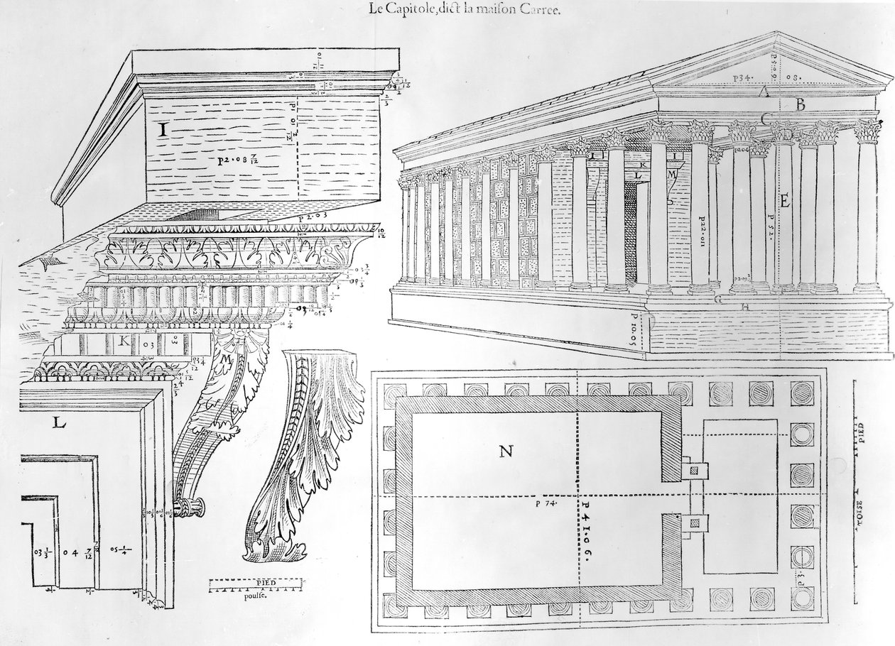 Maison Carree, ilustrace z Discours historial de lantique et llustrious cite de Nismes od Jean Poldo dAlbenas, vydané v roce 1560 od French School