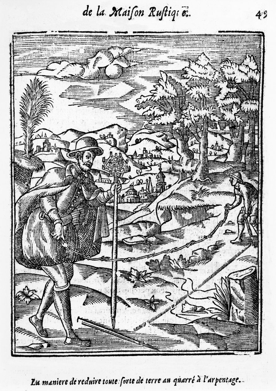 Způsob, kterým lze zmenšit jakýkoli druh pozemku na Zeměměřické náměstí, ilustrace z LAgriculture et Maison Rustique od Charlese Estienna, vydání z roku 1641 od French School
