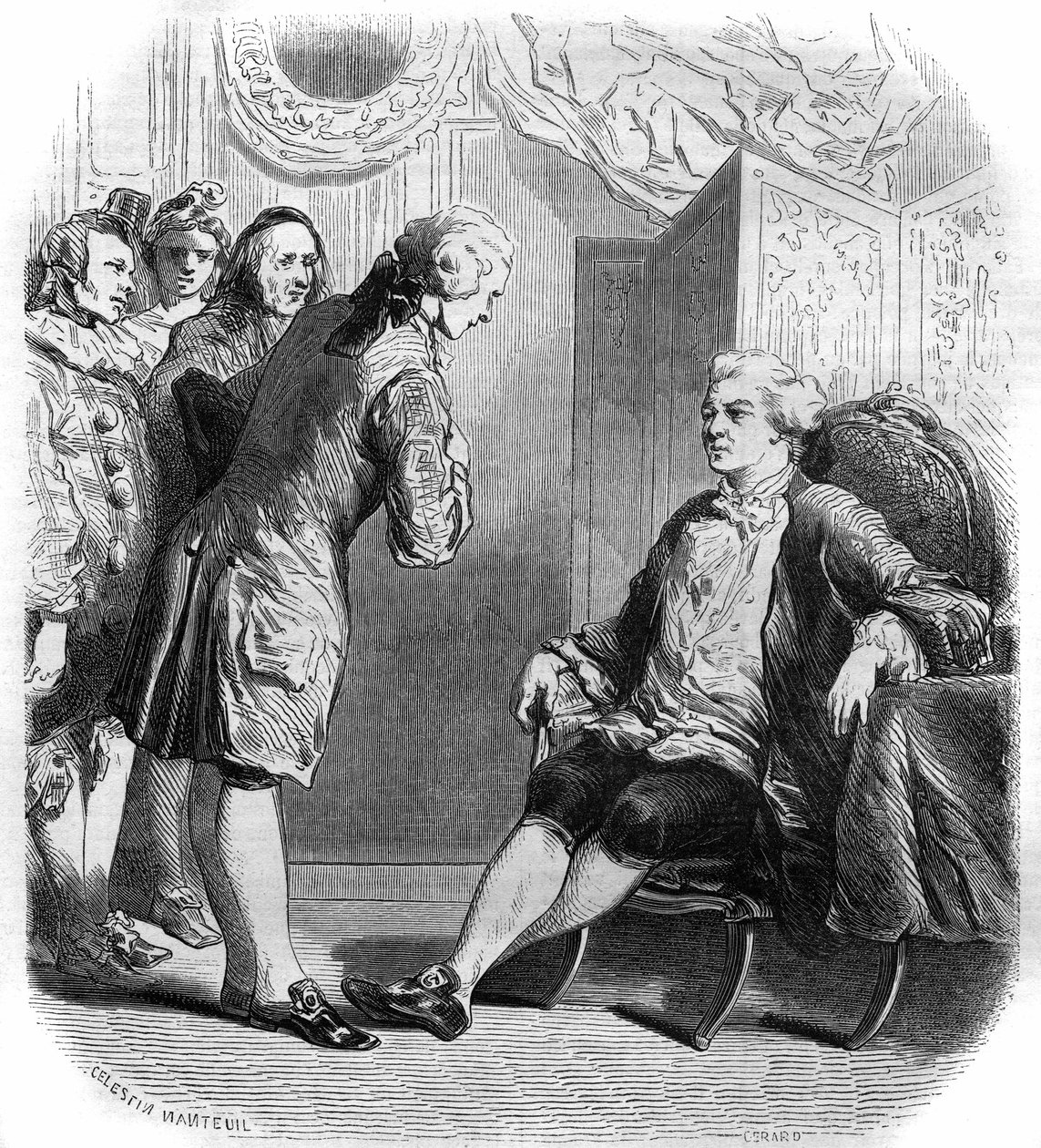 Markýz de Puysieulx přijímá Philippe Nericault Destouches (1680-1754) a jeho skupinu kočujících komiků. Rytina z let 1858-1859. od French School