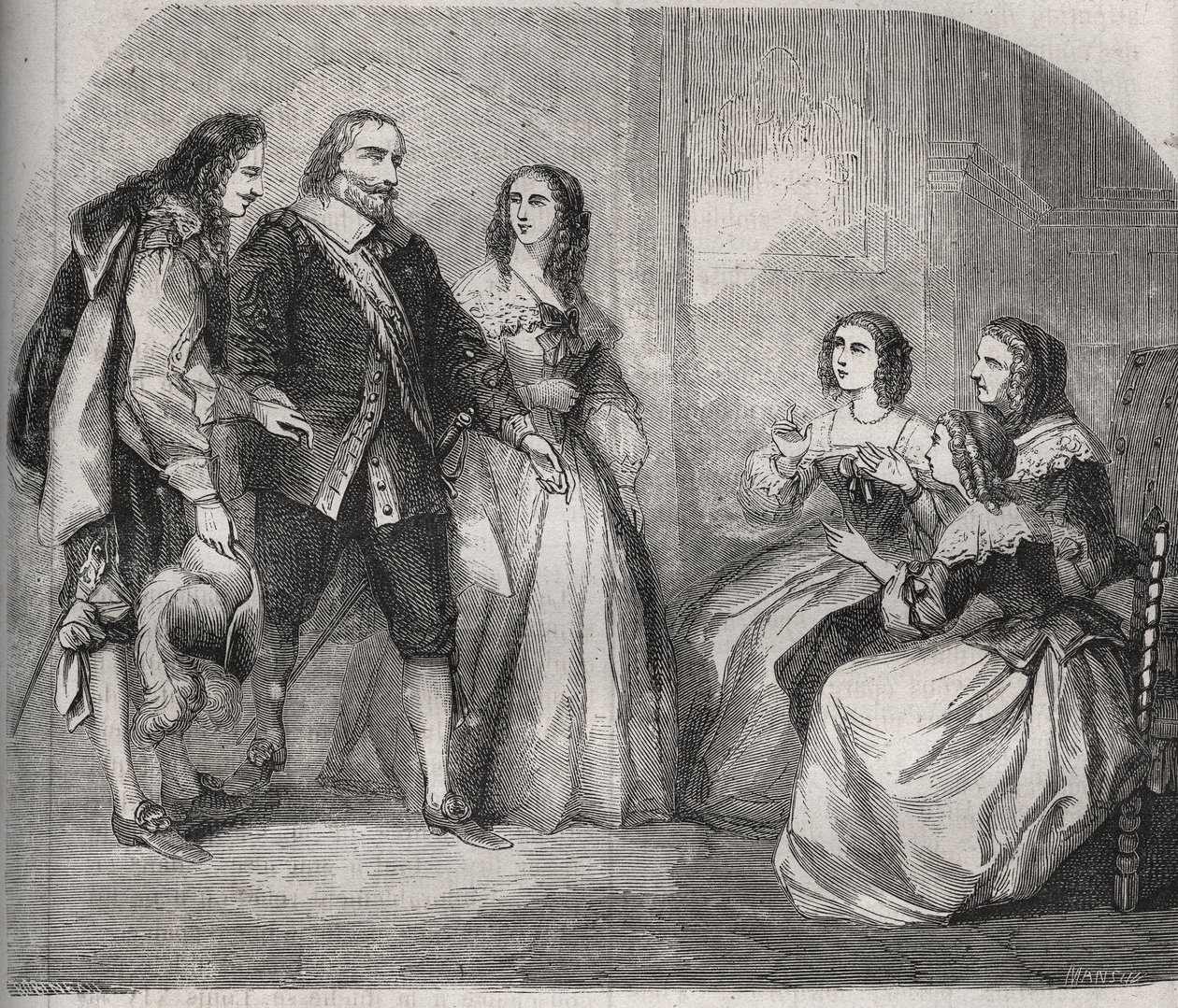 Markýz z Montespanu, Louis Henri (Louis-Henri) de Pardaillan de Gondrin (1640-1691) (vlevo) přišel navrhnout sňatek Francoise Athenais (Francoise-Athenais) z Rochechouarta Mortemarta (tehdy markýze de Montespan nebo Madame od Montespana od French School