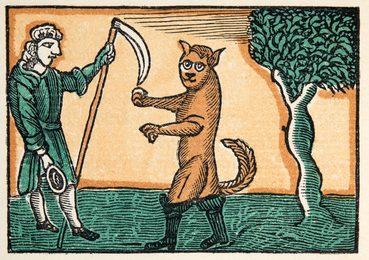 Mistr kočka aneb Kocour v botách z historií nebo příběhů minulých časů vyprávěných matkou Husou, S morálkou, M. Perrault, hospoda. 1925 (ručně kolorovaný dřevotisk) od French School