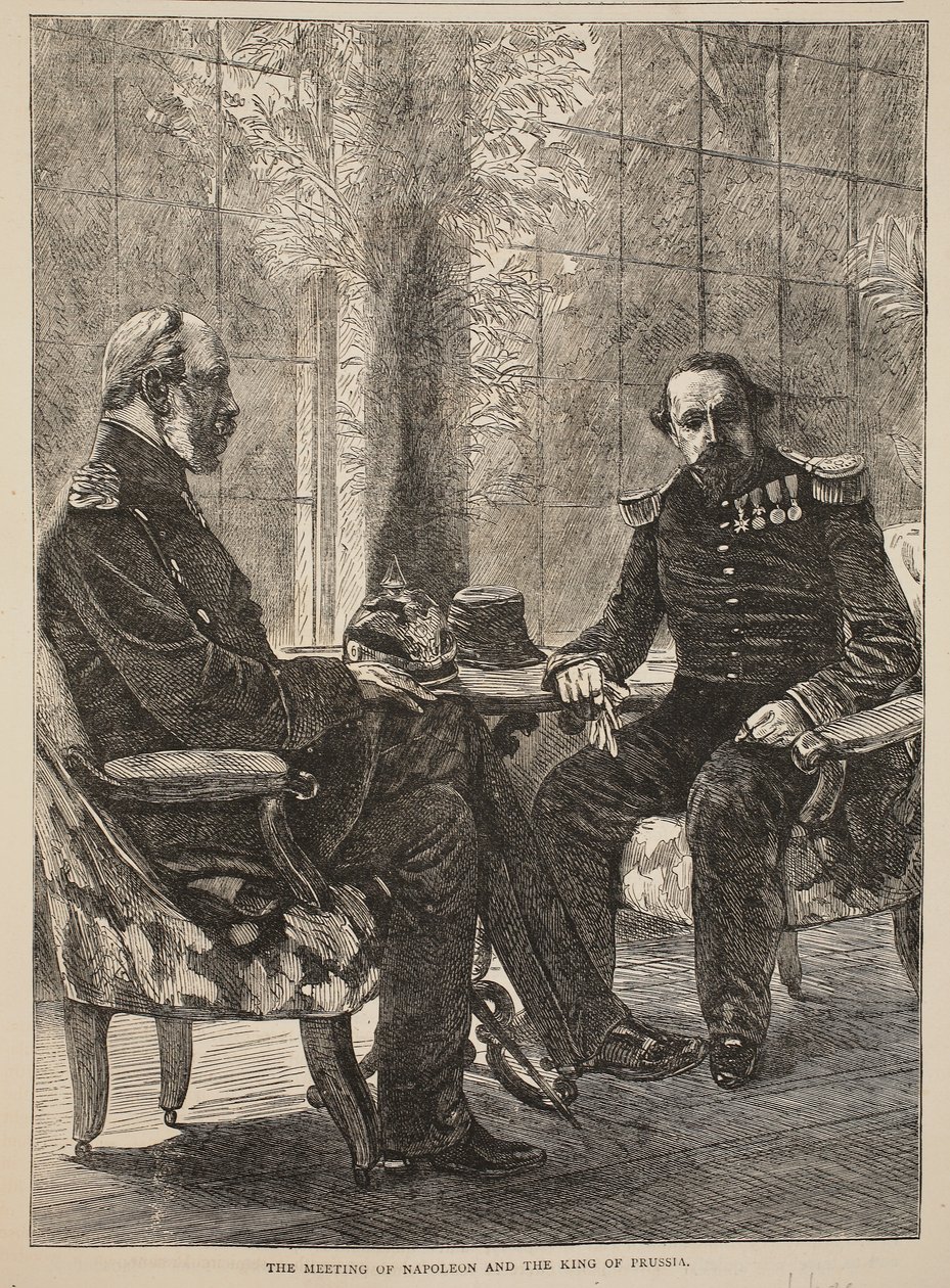 Setkání Napoleona a pruského krále, září 1870, ilustrace z Cassells Historie války mezi Francií a Německem, 1870-1871 od French School