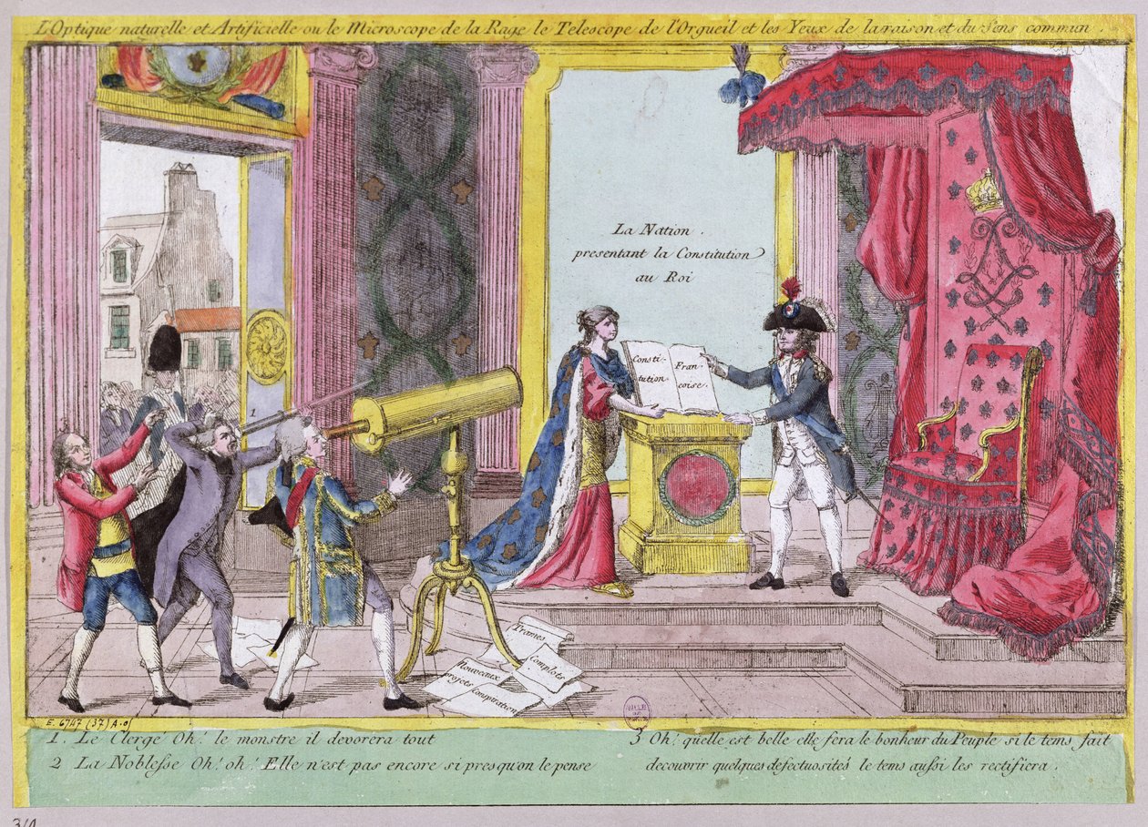 Mikroskop hněvu, dalekohled pýchy a oči rozumu a zdravého rozumu, karikatura reakce šlechty a duchovenstva na francouzskou ústavu, cca 1791. od French School
