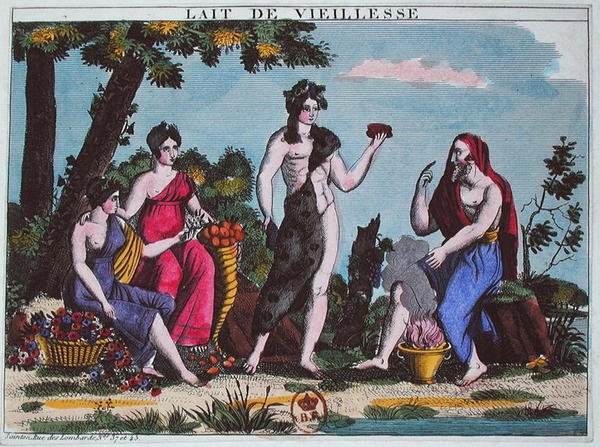 The Milk of Old Age, cca 1830 (barevná rytina) od French School