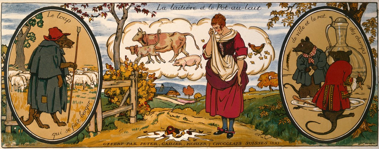Mlékařka a konvička na mléko z "Bajky" Jeana de La Fontaine (1621-95), obchodní karta švýcarské čokolády "Peter, Cailler, Kohler" (barevná litografie) od French School