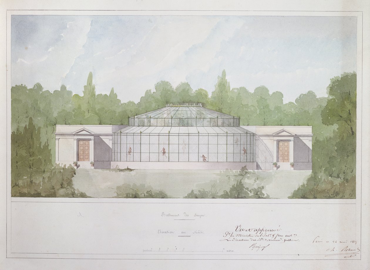 Opičárna v pařížské Jardin des Plantes, 1835 (tuš a čb na papíře) od French School