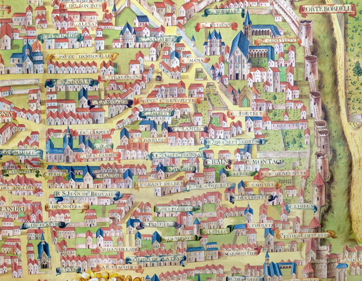 Montagne Sainte-Genevieve, detail z plánu Paříže vyrobeného kolem roku 1540, nazývaný Plan de la Gouache, kolem roku 1860 od French School