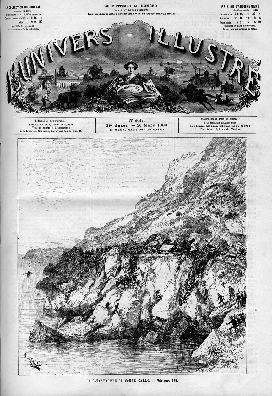 Katastrofa v Monte Carlu (Monte-Carlo): nehoda vlaku na železniční trati podél pobřeží. Noviny. Gravírování v „“Le Monde Illustré““ od French School