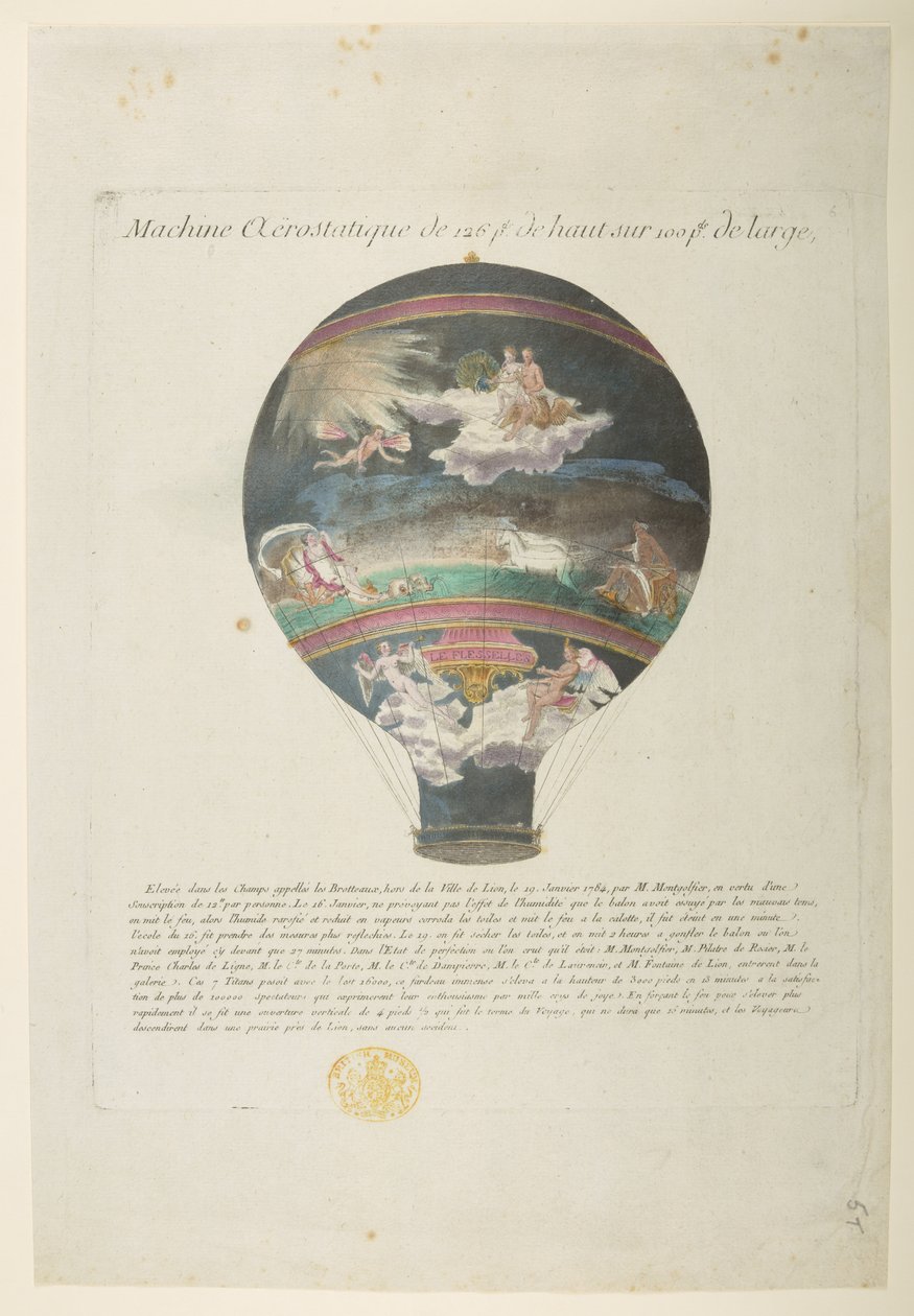 Balón Montgolfier se „slavnými klasickými odkazy“, Machine Aerostatique o 126 b de haut sur 100 b de large (barevné rytí) od French School