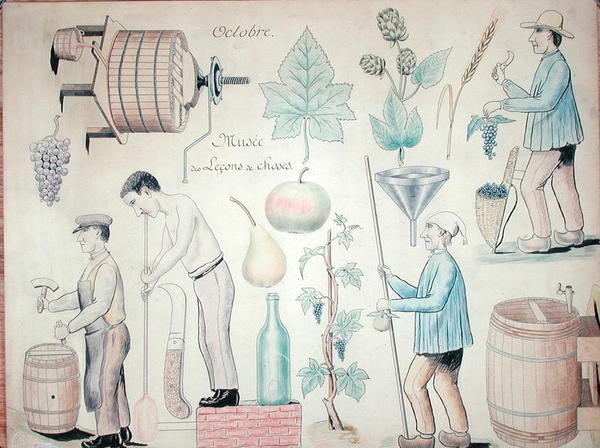 Měsíc říjen: Výroba vína (pero, inkoust a barevná tužka na papíře) od French School