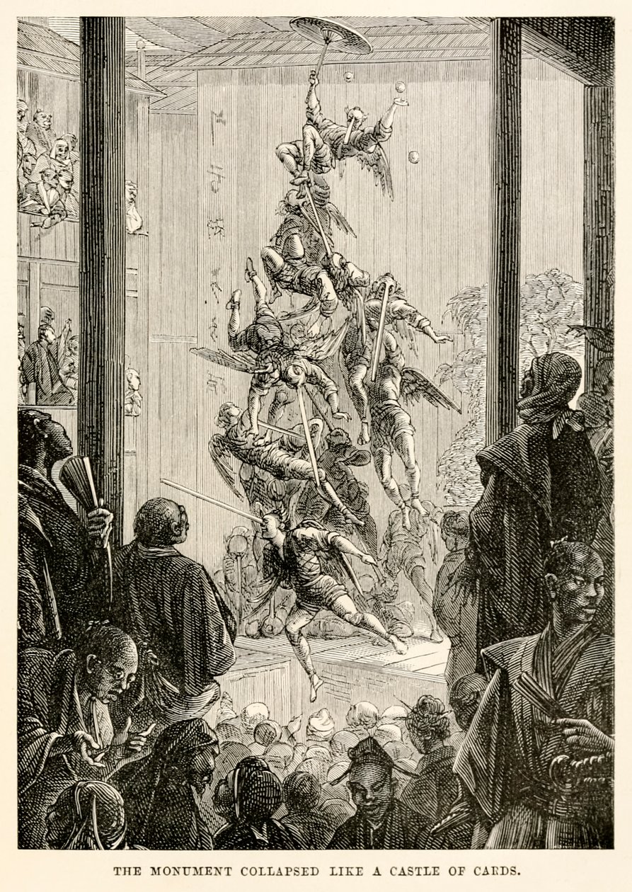 Památník se zhroutil jako hrad z karet z „Cesta kolem světa za osmdesát dní“ od Julese Verna (1828-1905) od French School